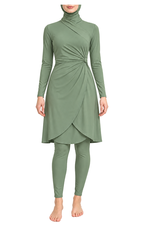 Women's Twist Waist Wrap Modest Swim Set in sage green, front model view, AI design visualization