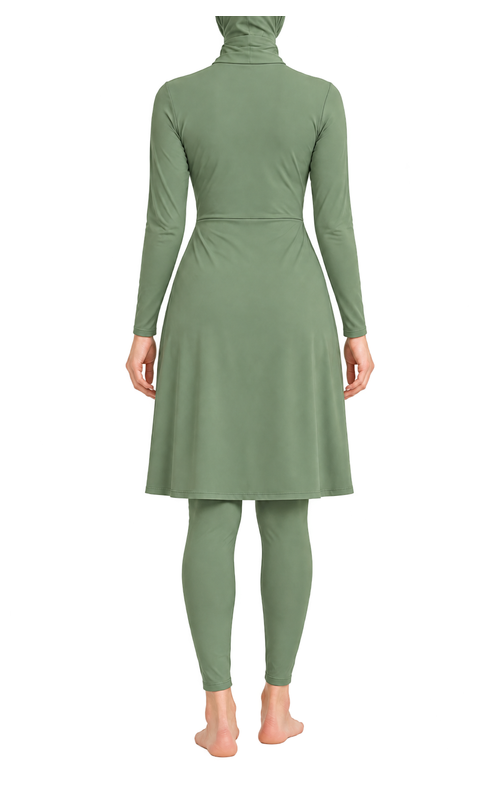 Women's Twist Waist Wrap Modest Swim Set in sage green, back model view, AI design visualization