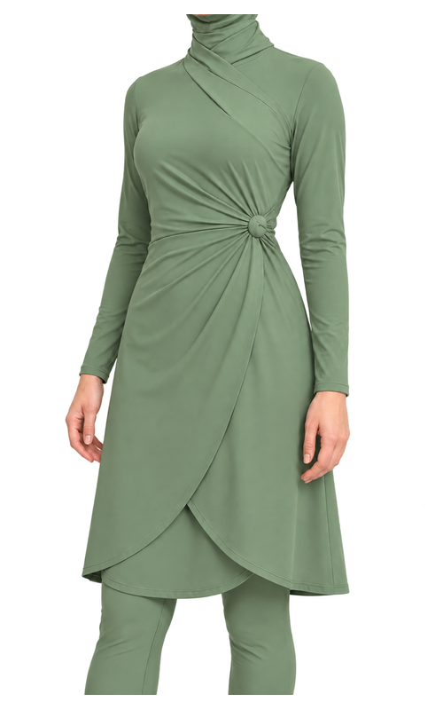 Women's Twist Waist Wrap Modest Swim Set in sage green, construction detail view, AI design visualization
