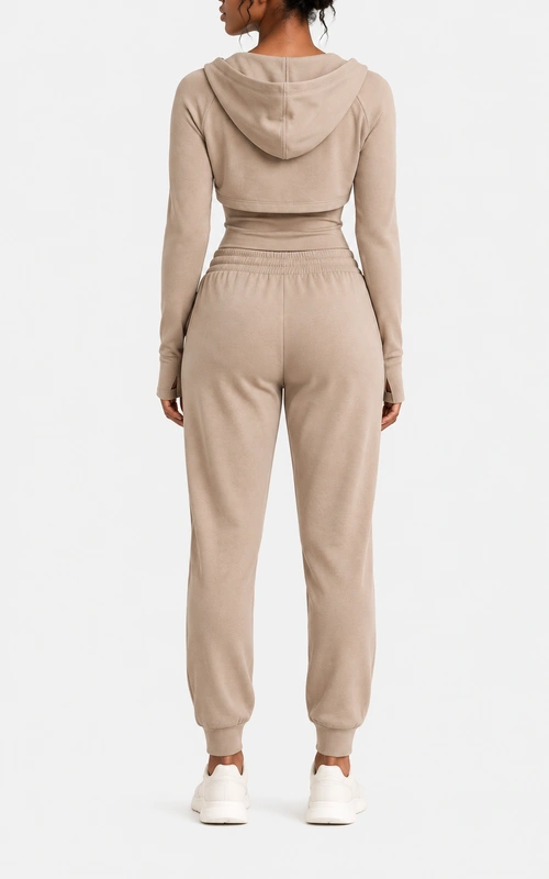 Women's warm sand hooded three-piece set back view
