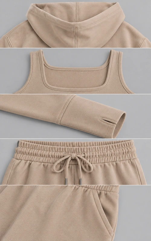 Women's warm sand hooded three-piece set detail view