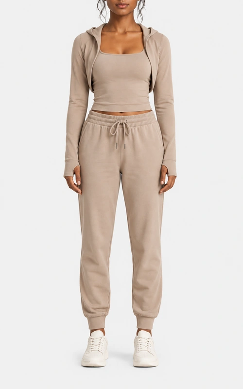 Women's cropped hooded shrug, tank and jogger three-piece set front view