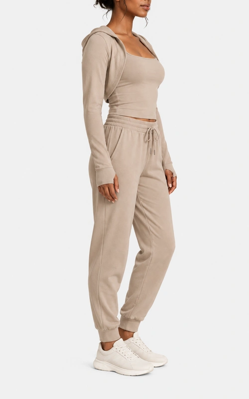 Women's warm sand hooded three-piece set side view