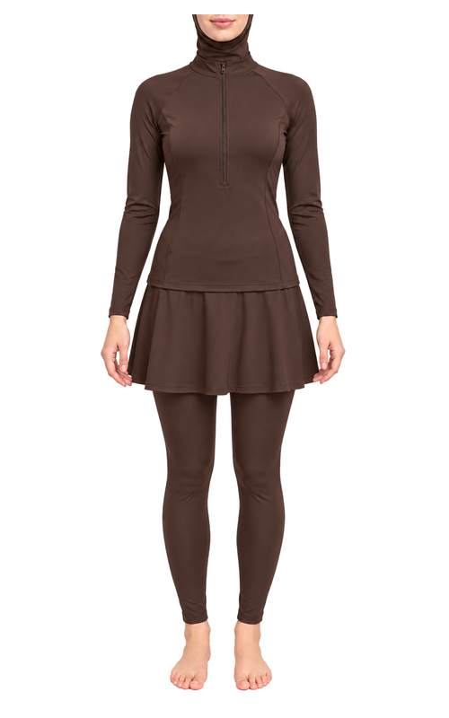 Women's Zip Front Skirted Modest Swim Set in espresso brown, front model view, AI design visualization