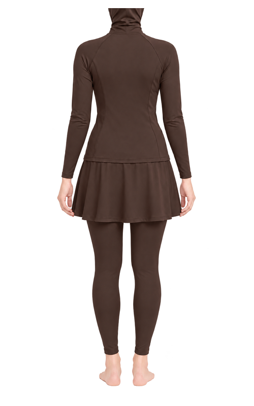 Women's Zip Front Skirted Modest Swim Set in espresso brown, back model view, AI design visualization