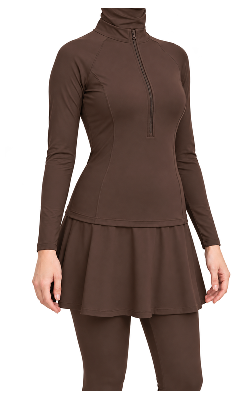 Women's Zip Front Skirted Modest Swim Set in espresso brown, construction detail view, AI design visualization